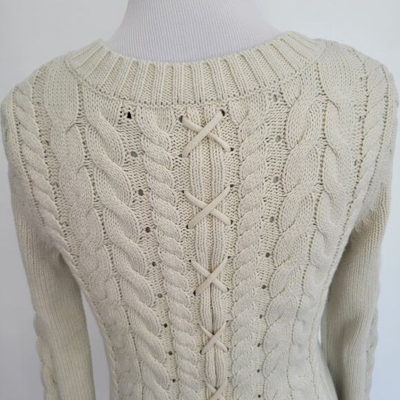 CAbi Cable Knit Sweater Cream Lace Up Mixed Media Cotton 3157 Women XS - Picture 7 of 13